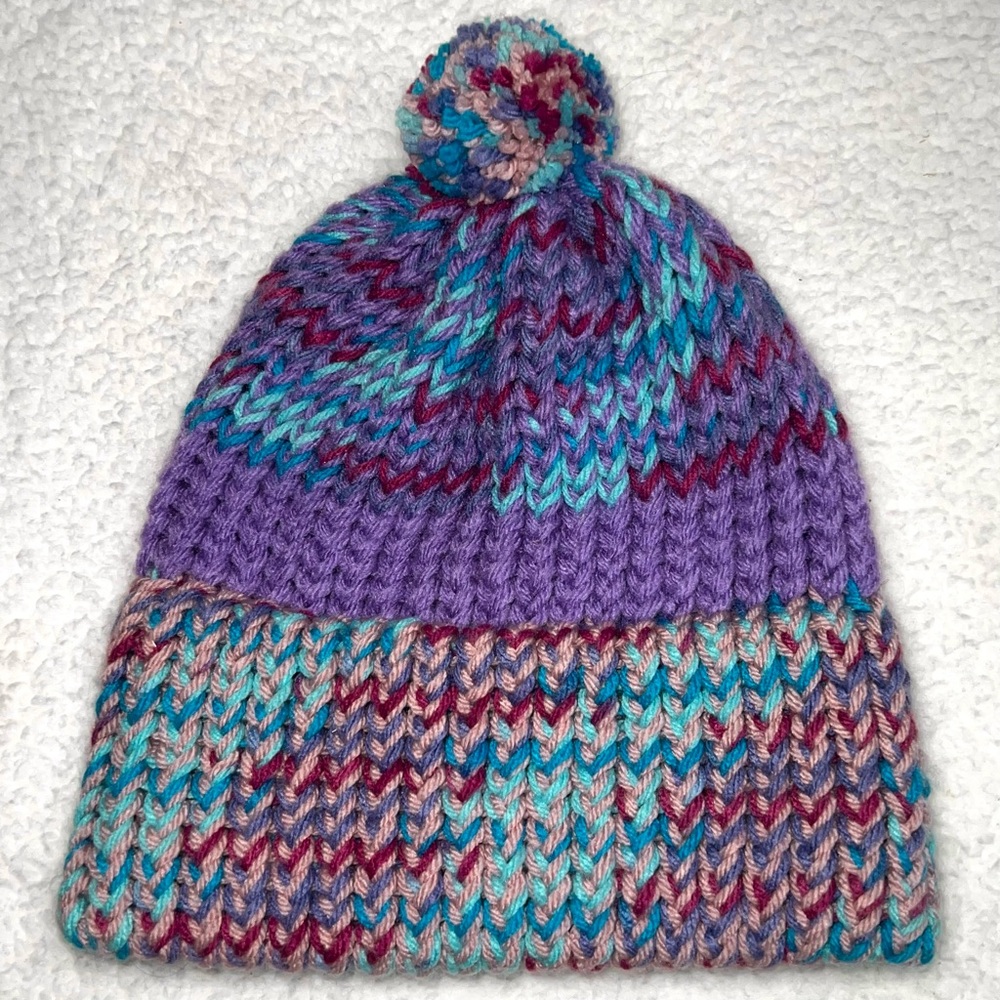 (NEW) Hand Knit Crochet Beanie Hat w/Pom Purple/Blue/Pink Women’s